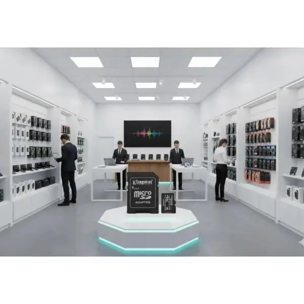 Negozio Kingston con esposizione di schede Micro SD e accessori in un ambiente moderno