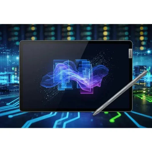 Tablet Lenovo Idea Tab con penna stilo su sfondo tecnologico e grafica futuristica