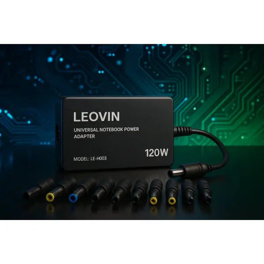 LEOVIN ALIMENTATORE NOTEBOOK 120W UNIVERSALE 8 TIPS LE-H003 con sfondo elettronico