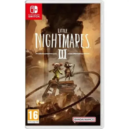Copertina del gioco Little Nightmares 3 per Nintendo Switch, con personaggi inquietanti in un ambiente oscuro