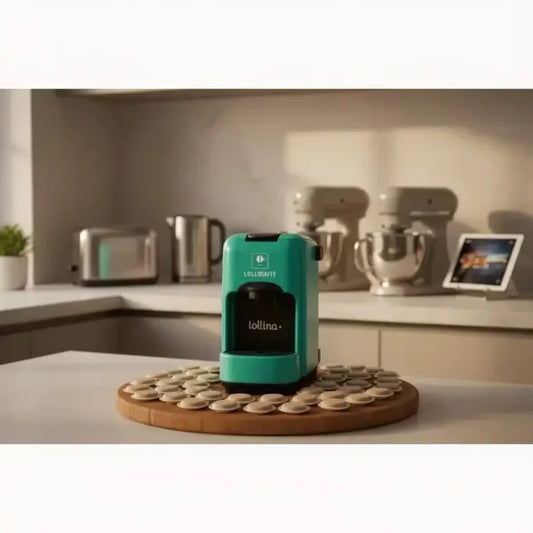 Macchina da caffè Lollocaff in verde su un ripiano con cialde sul vassoio nella cucina moderna