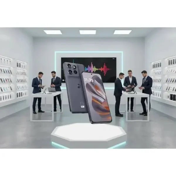 Smartphone Motorola Edge 50 Neo in grigio, esposto in un moderno showroom tecnologico