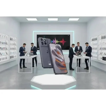 Smartphone Motorola Edge 50 Neo in grigio, esposto in un moderno showroom tecnologico