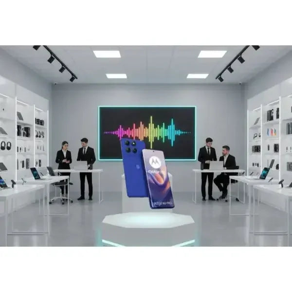 Smartphone Motorola Edge 60 Pro blu in mostra in un negozio tecnologico moderno