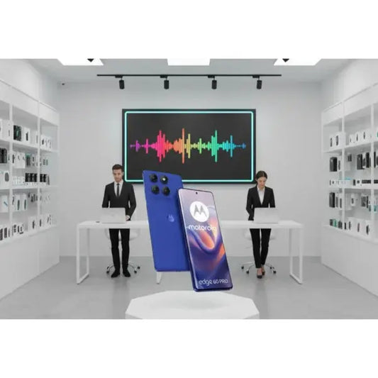 Smartphone Motorola Edge 60 Pro in blu con schermo display elegante presso un negozio moderno