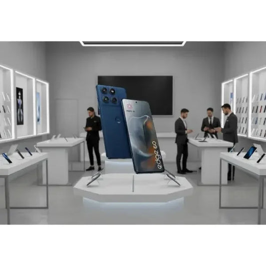 Smartphone Motorola Edge 60 in blu esposto in un negozio di elettronica con clienti interessati
