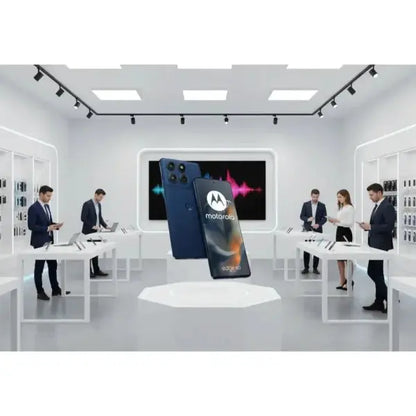 Smartphone Motorola Edge 60 in blu, esposto in un negozio moderno con clienti e staff