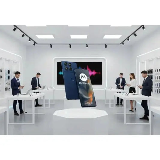 Smartphone Motorola Edge 60 in blu, esposto in un negozio moderno con clienti e staff