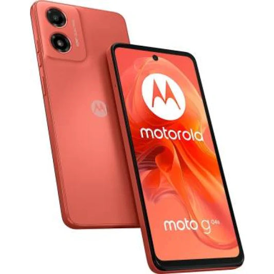 Smartphone Motorola Moto G04s in colore arancione con doppia fotocamera e display frontale full screen