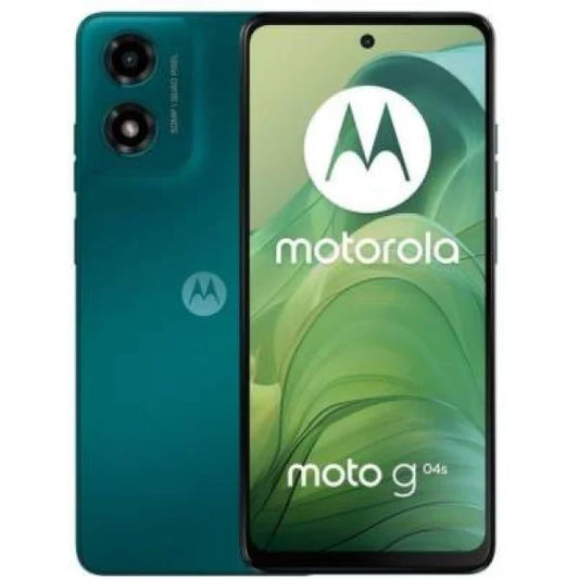 Smartphone Motorola Moto G04s in colore verde con doppia fotocamera posteriore e schermo touchscreen