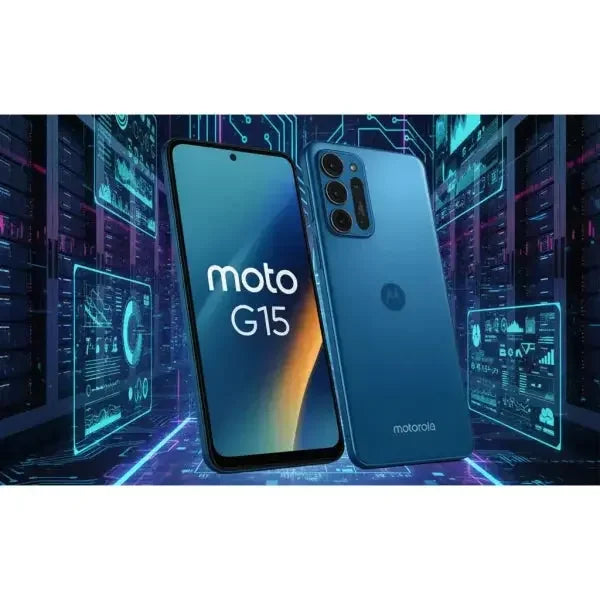 Smartphone Motorola Moto G15 in blu con display moderno e design elegante nel contesto tecnologico