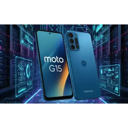 Smartphone Motorola Moto G15 in blu con display moderno e design elegante nel contesto tecnologico
