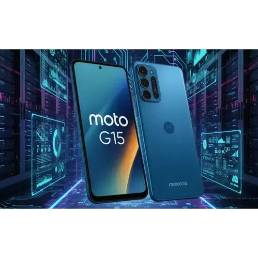 Smartphone Motorola Moto G15 in blu con display moderno e design elegante nel contesto tecnologico