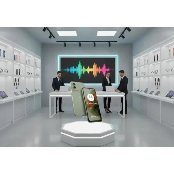 Smartphone Motorola Moto G55 con design elegante in un ambiente moderno di vendita al dettaglio