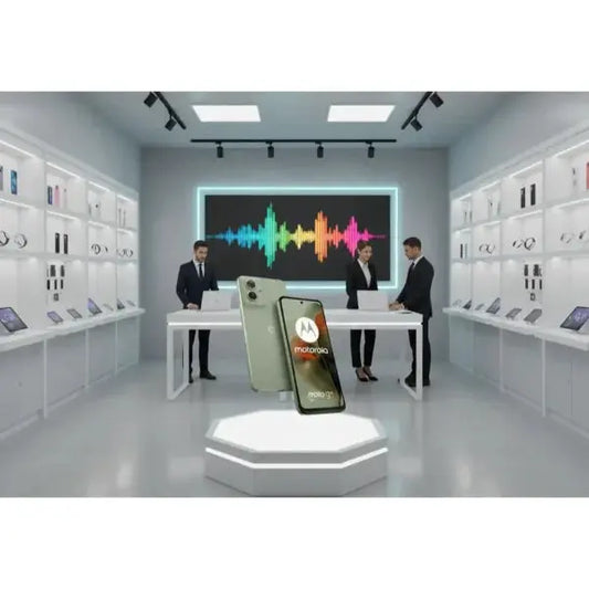 Smartphone Motorola Moto G55 con design elegante in un ambiente moderno di vendita al dettaglio