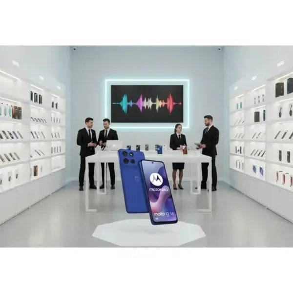Motorola Moto G56 smartphone blu con design elegante in un negozio tech moderno
