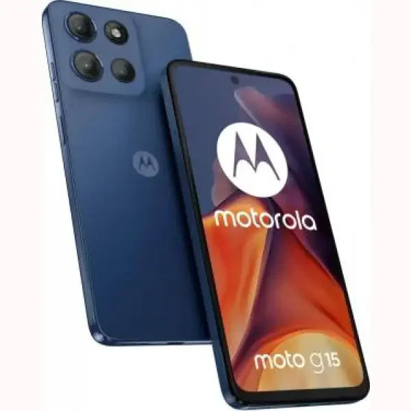 Motorola Moto G15 smartphone blu vista frontale e posteriore con tripla fotocamera e ampio schermo