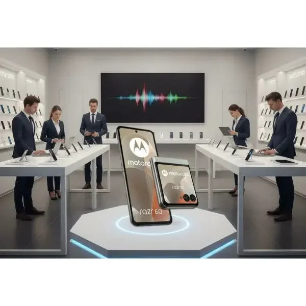 Smartphone Motorola Razr 60 esposto in un moderno negozio di elettronica con clienti e venditori