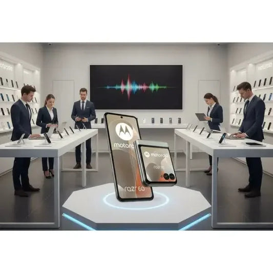 Smartphone Motorola Razr 60 esposto in un moderno negozio di elettronica con clienti e venditori