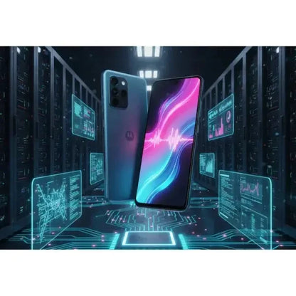 Smartphone Motorola con design elegante e tecnologia avanzata in un ambiente digitale futuristico