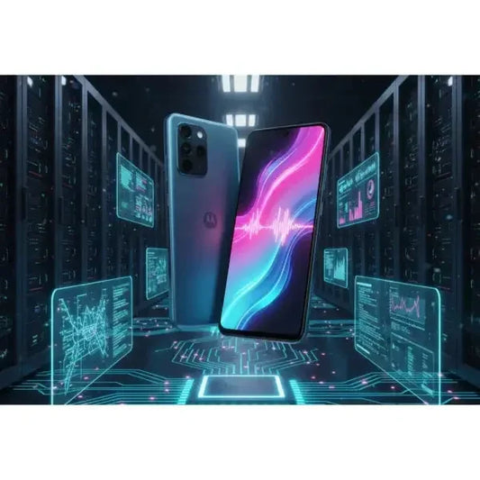 Smartphone Motorola con design elegante e tecnologia avanzata in un ambiente digitale futuristico