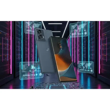 Smartphone Motorola con schermo full HD e design elegante in un'ambientazione futuristica