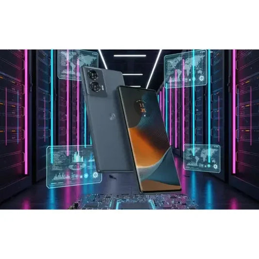 Smartphone Motorola con schermo full HD e design elegante in un'ambientazione futuristica