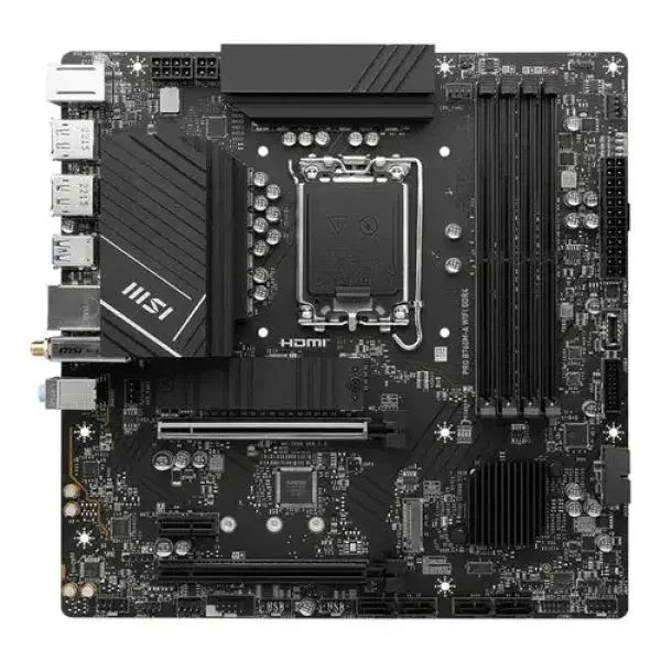 Scheda madre MSI con design nero e porte HDMI, ideale per assemblaggi di computer.