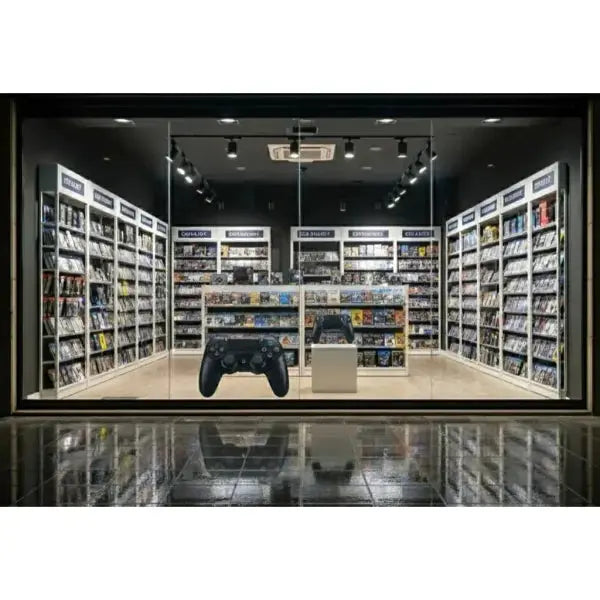 Negozio di accessori per giochi PS4 con scaffali pieni di videogiochi e controller ben visibili