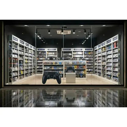 Negozio di accessori per giochi PS4 con scaffali pieni di videogiochi e controller ben visibili