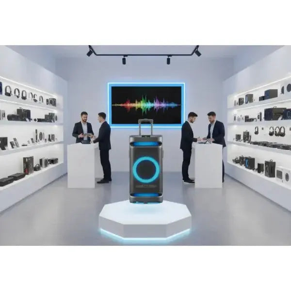 Colonna audio NGS in un'esposizione elegante con vari accessori audio in mostra