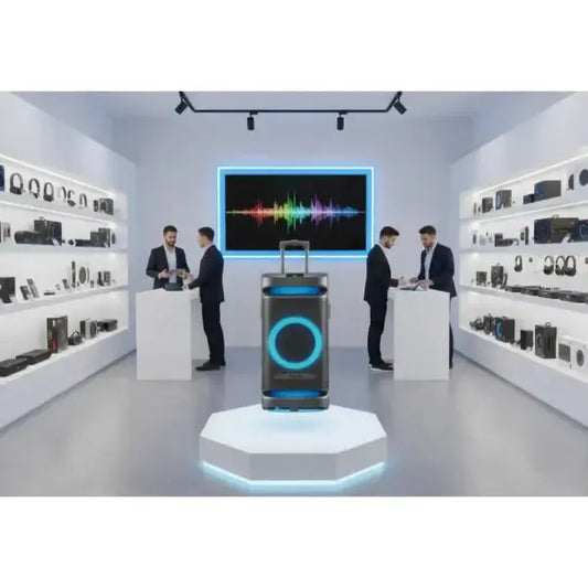 Colonna audio NGS in un'esposizione elegante con vari accessori audio in mostra