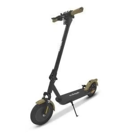 Monopattino elettrico Nilox nero con manubrio marrone e supporto per la sosta