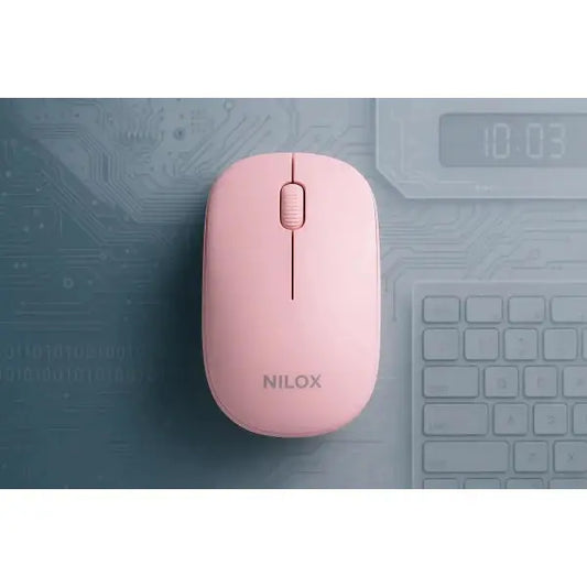 Nilox Mouse Wireless Pink con sfondo informatico