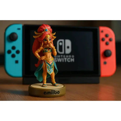Amiibo Riju figurina da collezione con dettagli vivaci davanti a una Nintendo Switch
