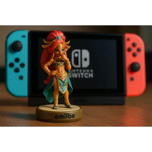 Amiibo Riju figurina da collezione con dettagli vivaci davanti a una Nintendo Switch