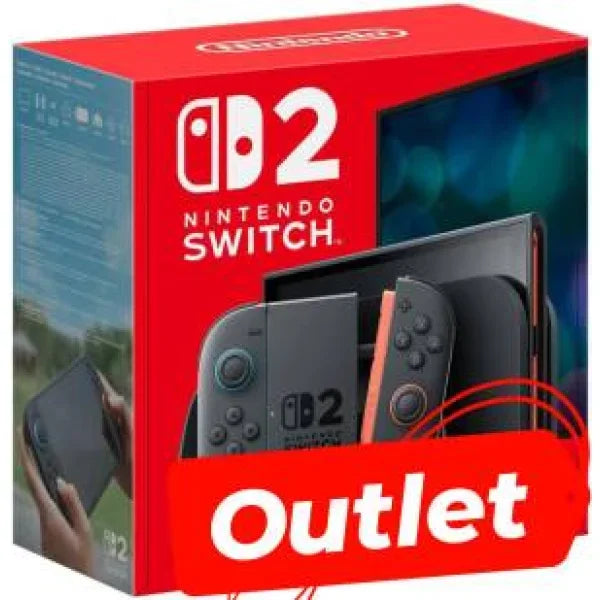 Scatola Nintendo Switch 2 Console grigia con controller Joy Con e badge Outlet per risparmio