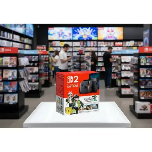 Confezione Nintendo Switch 2 in un negozio di videogiochi con sfondo di giochi esposti