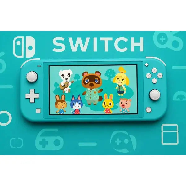 Nintendo Switch Lite in turchese con immagini di Animal Crossing sullo schermo