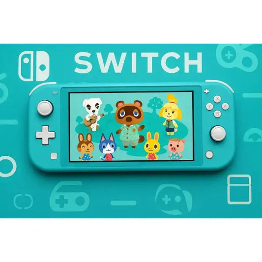 Nintendo Switch Lite in turchese con immagini di Animal Crossing sullo schermo
