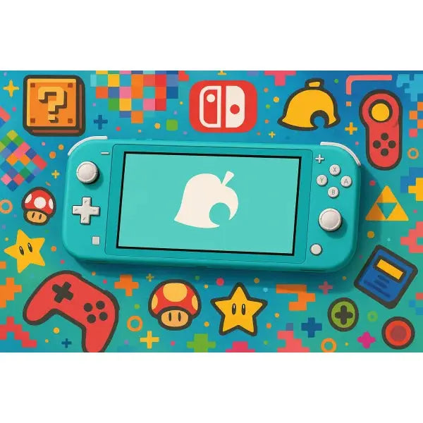 Console Nintendo Switch Lite in azzurro con design ispirato ai personaggi dei videogiochi