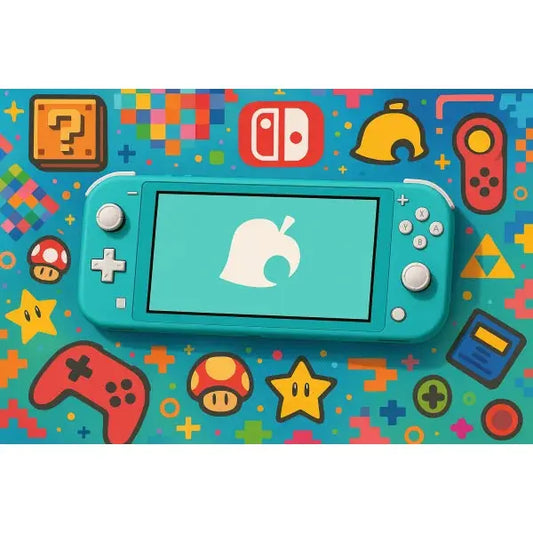 Console Nintendo Switch Lite in azzurro con design ispirato ai personaggi dei videogiochi