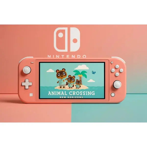Console Nintendo Switch Lite in rosa con schermo che mostra il gioco Animal Crossing New Horizons