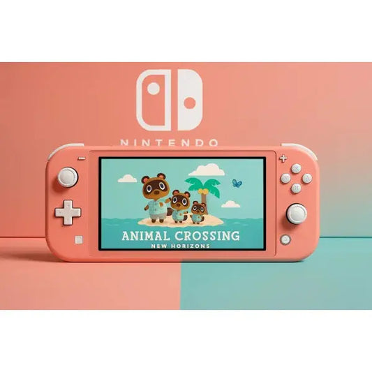 Console Nintendo Switch Lite in rosa con schermo che mostra il gioco Animal Crossing New Horizons