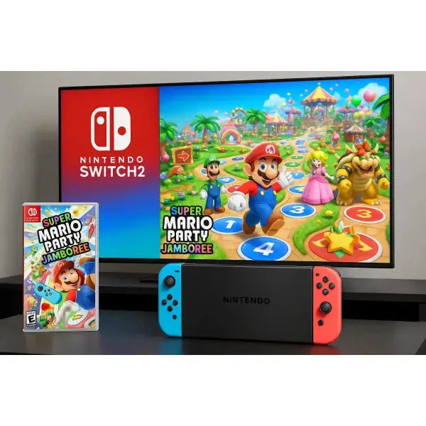 Console Nintendo Switch con gioco Super Mario Party Jamboree e schermo vivace con personaggi di gioco