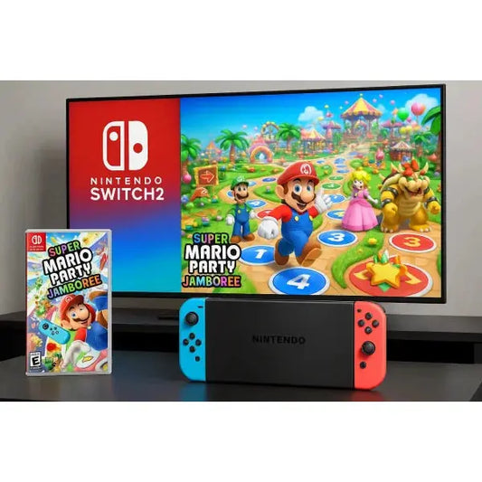 Console Nintendo Switch con gioco Super Mario Party Jamboree e schermo vivace con personaggi di gioco