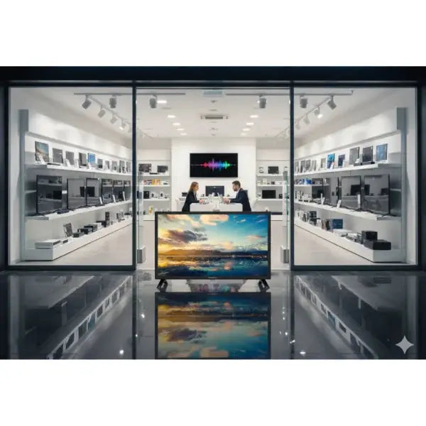 Televisore NORDMENDE esposto in un negozio con una vasta gamma di prodotti elettronici