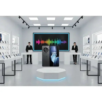 Smartphone OnePlus 13 in mostra in un moderno negozio di elettronica con accessori esposti