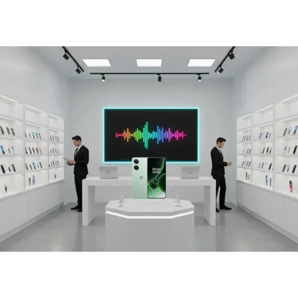 Smartphone OnePlus Nord 3 esposto in un negozio moderno con sfondo colorato