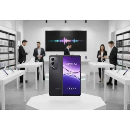 Smartphone OPPO A5 4+128GB 6.67 4G Dark Purple DS ITA in un negozio di elettronica con persone che interagiscono
